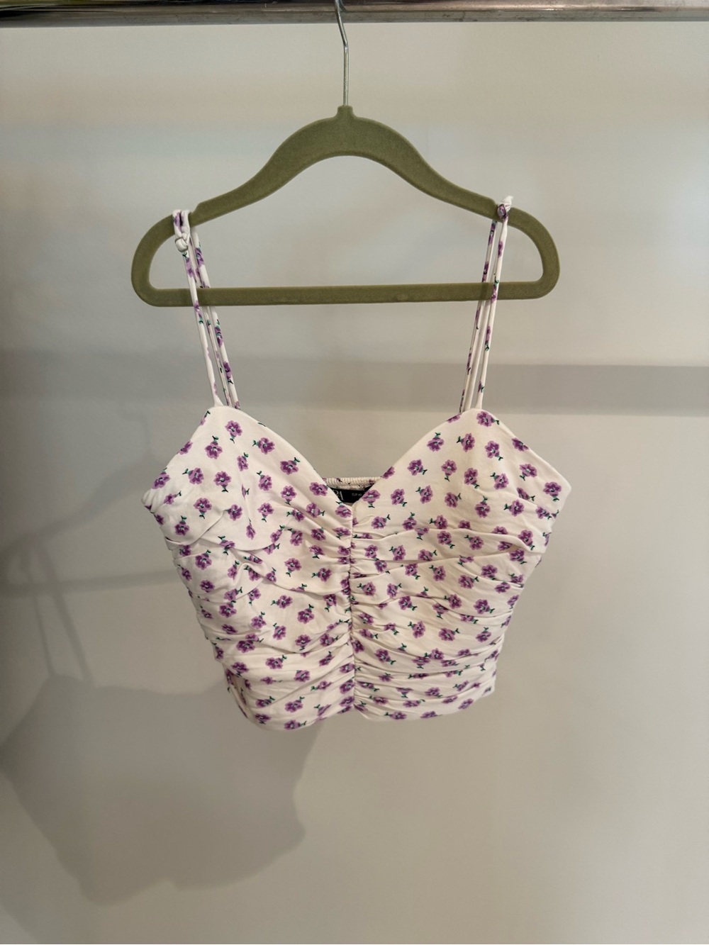 Zara White & Purple Floral Ruched Cropped Shirt